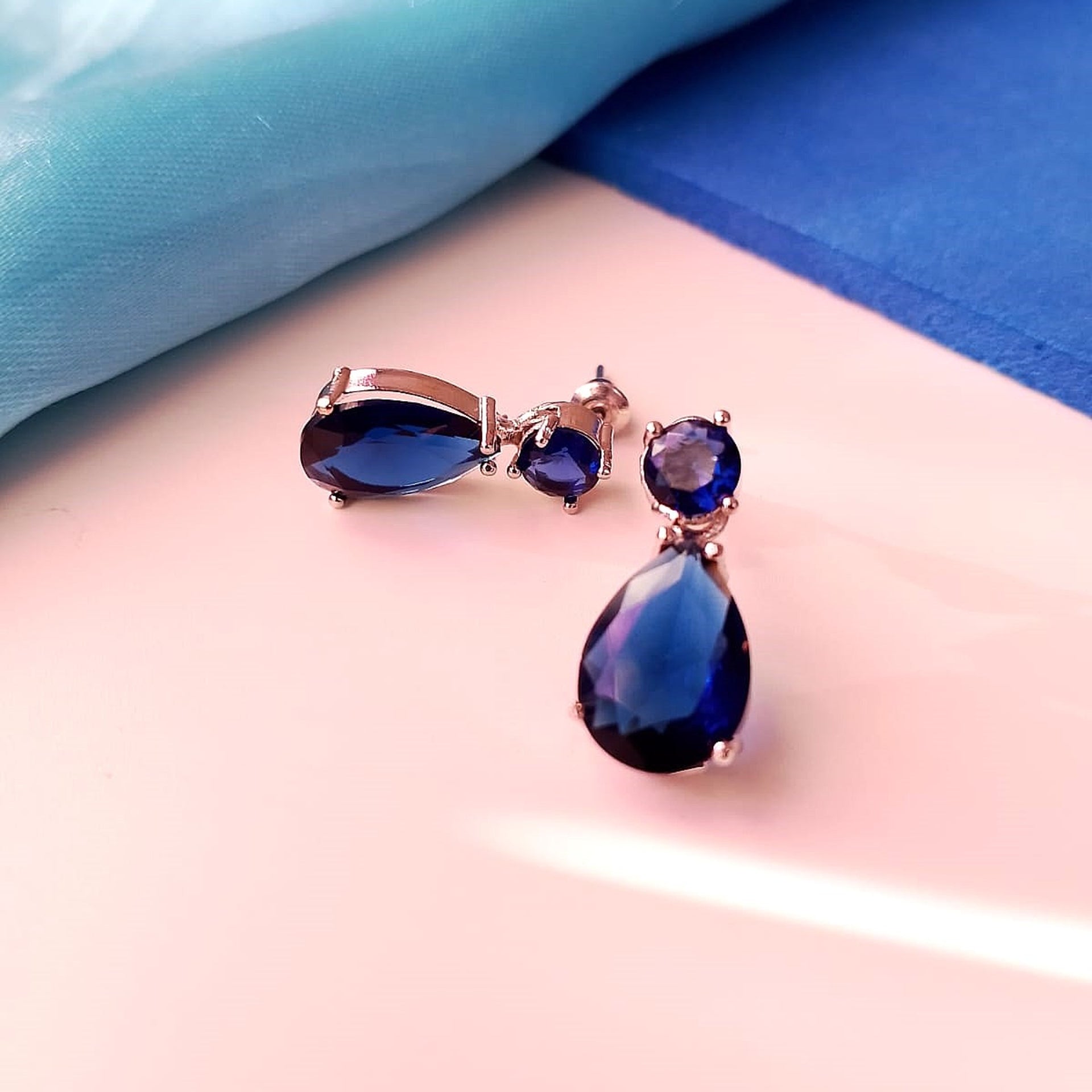 Azure Sparkle Water Droplet Earrings – Blue AD Stone Dangler Studs for Women