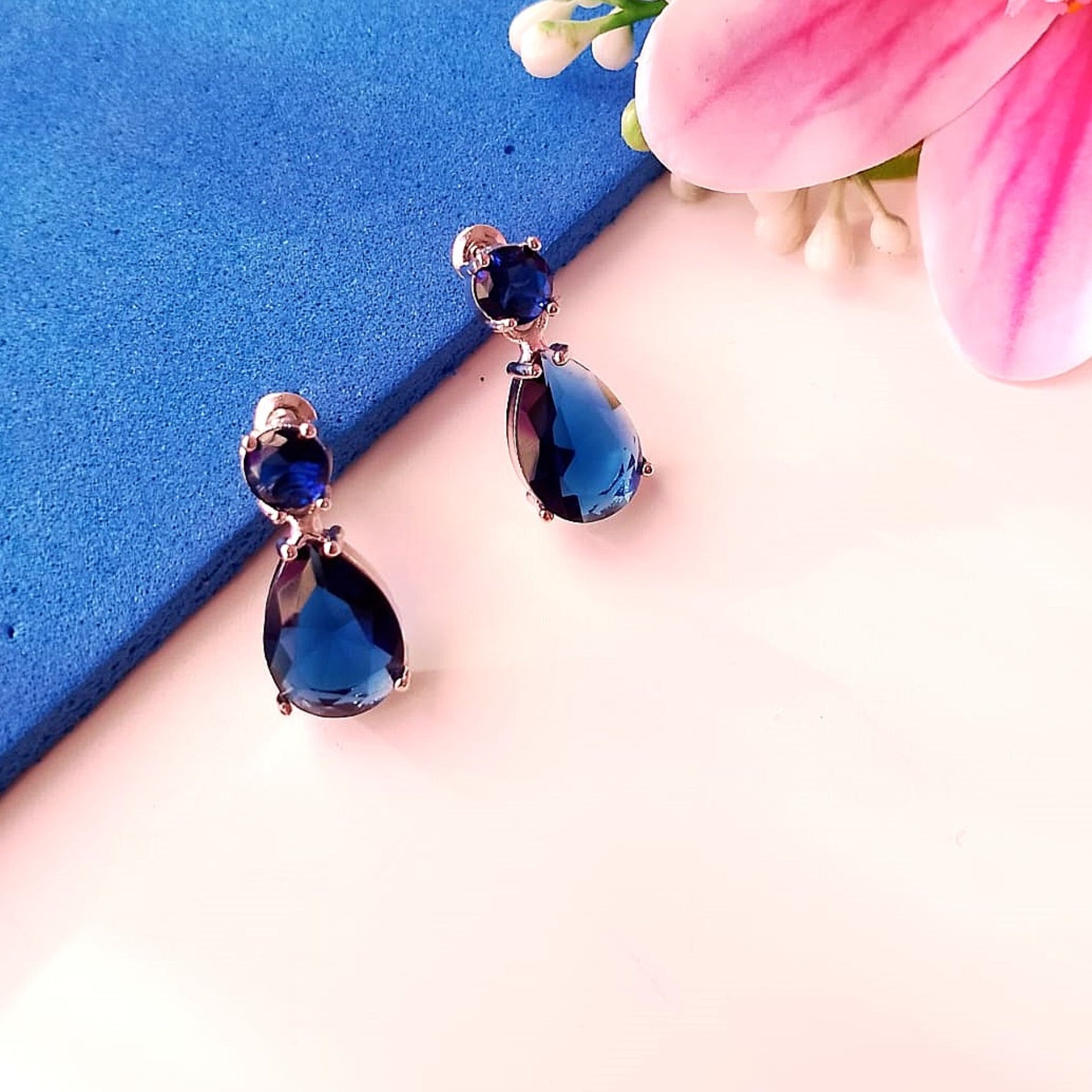 Azure Sparkle Water Droplet Earrings – Blue AD Stone Dangler Studs for Women