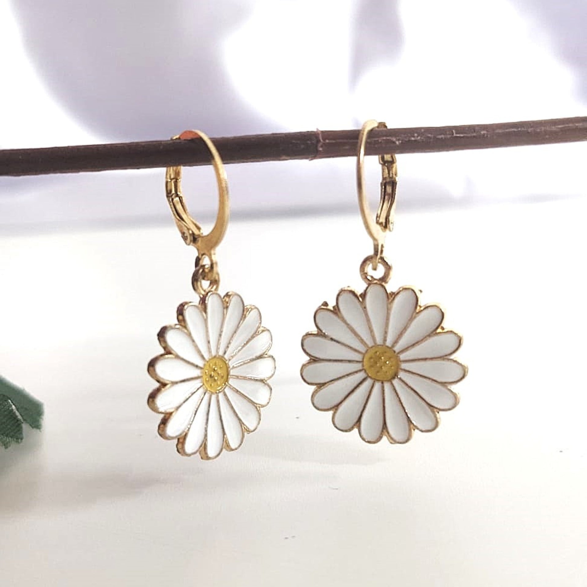 Radiant White Sunflower Hoop Earrings – Enamel Floral Danglers for Women & Girls