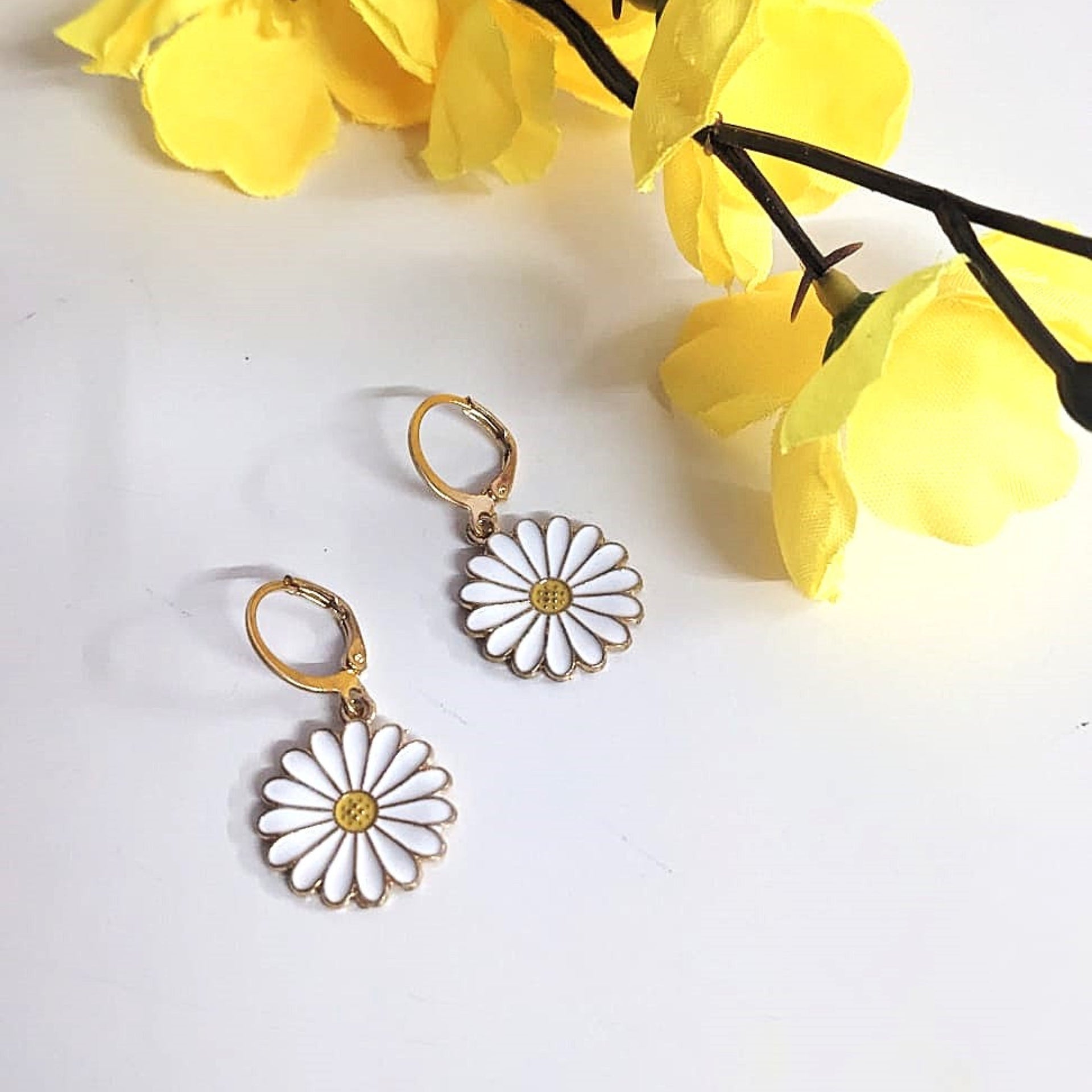 Radiant White Sunflower Hoop Earrings – Enamel Floral Danglers for Women & Girls