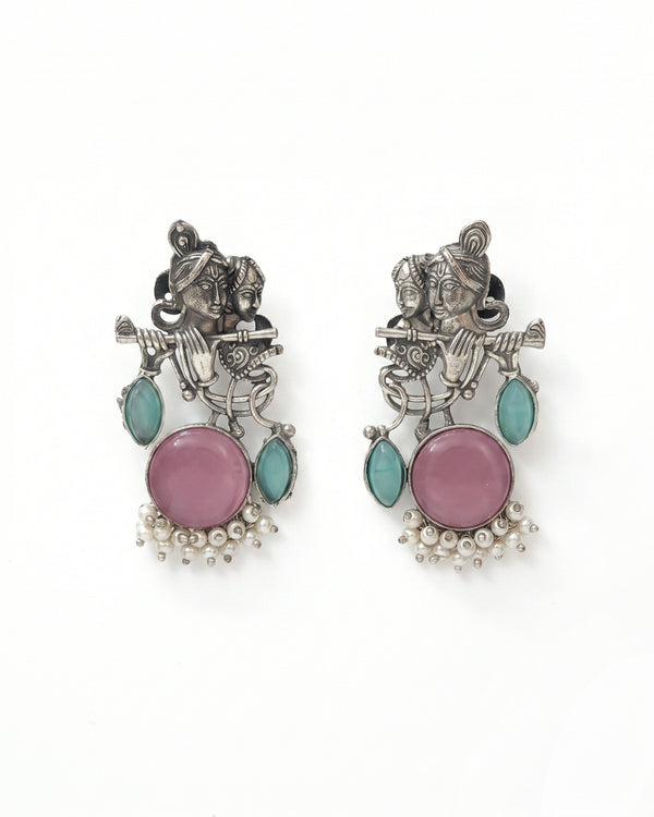 Radha Krishna Pink Stone Silver platted Oxidised Earrings for Women