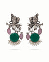 Radha Krishna Oxidised Earrings for women in Green with Pearl Drops