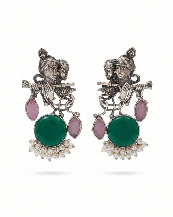 Radha Krishna Oxidised Earrings for women in Green with Pearl Drops
