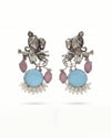 Radha Krishna Oxidized Silver Earrings with Blue Stone & Pearl Drops