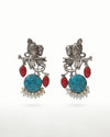 Radha Krishna Oxidized Silver Earrings with Turquoise Stone, Red Accents & Pearls