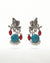 Radha Krishna Oxidized Silver Earrings with Turquoise Stone, Red Accents & Pearls