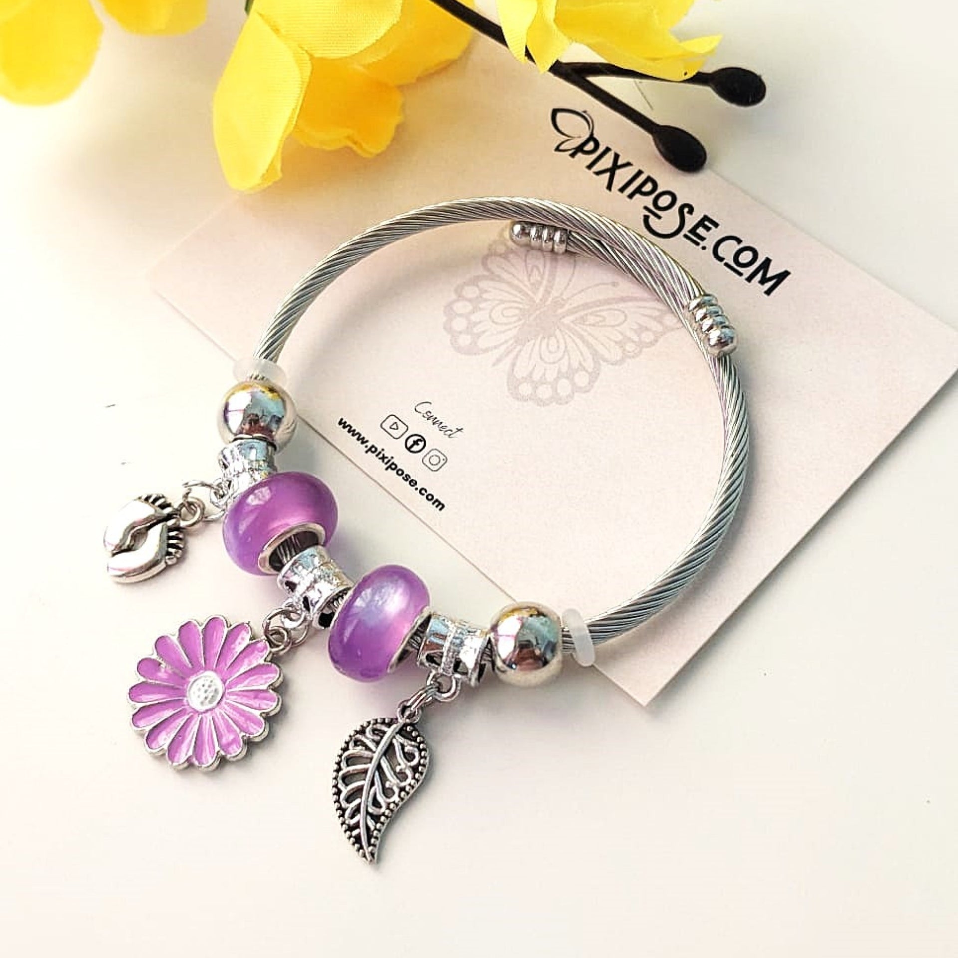 Lilac Bloom Flower Charm Bracelet – Silver Cable Bangle with Beads & Pendants