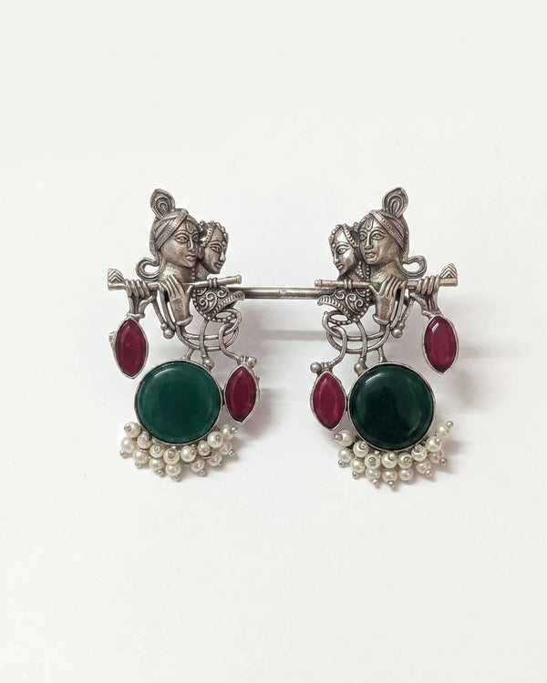 Radha Krishna Oxidised Earrings for women in Green with maroon Drops