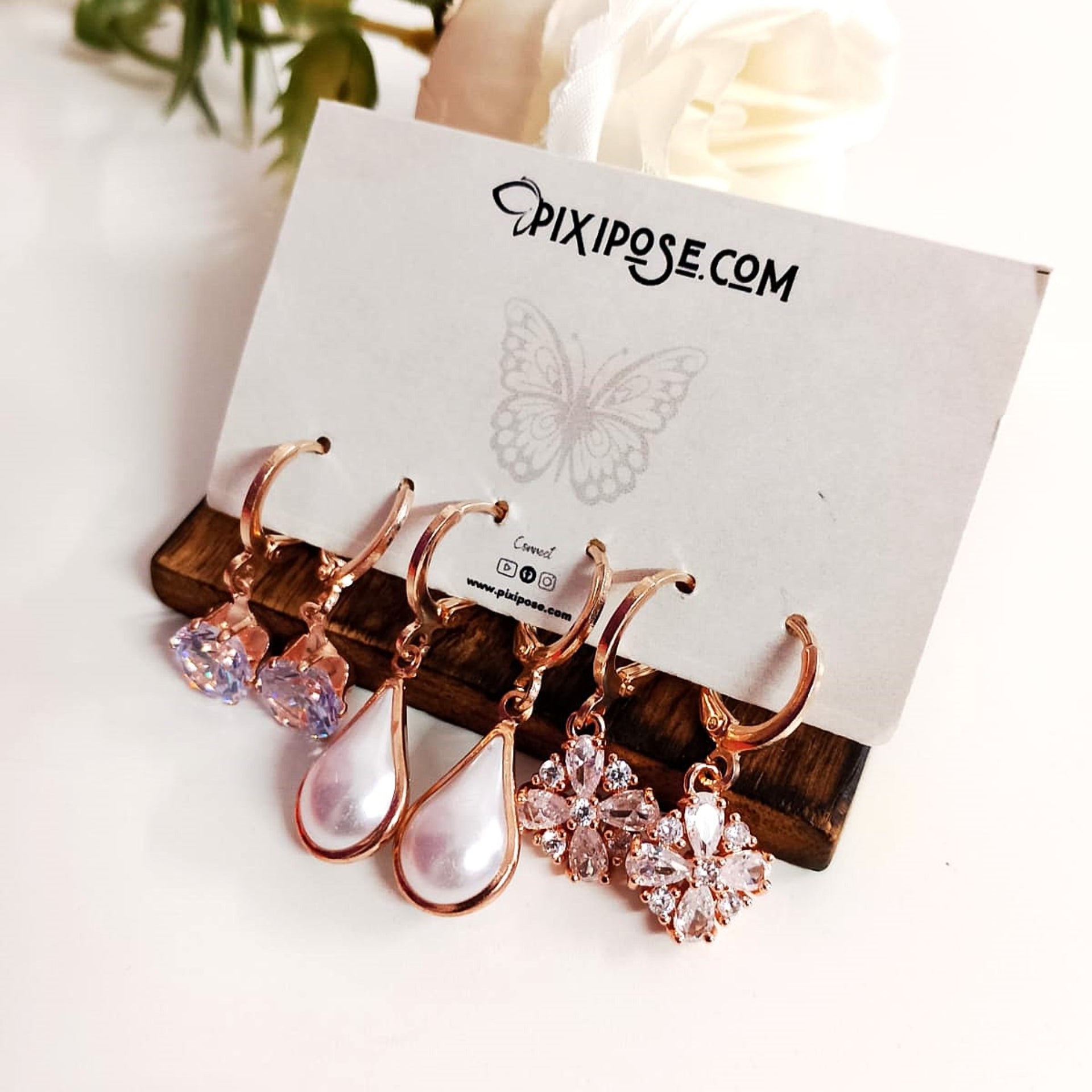 Zirconia Blossom & Pearl Hoop Earrings Combo – Rose Gold 3-in-1 Set for Women