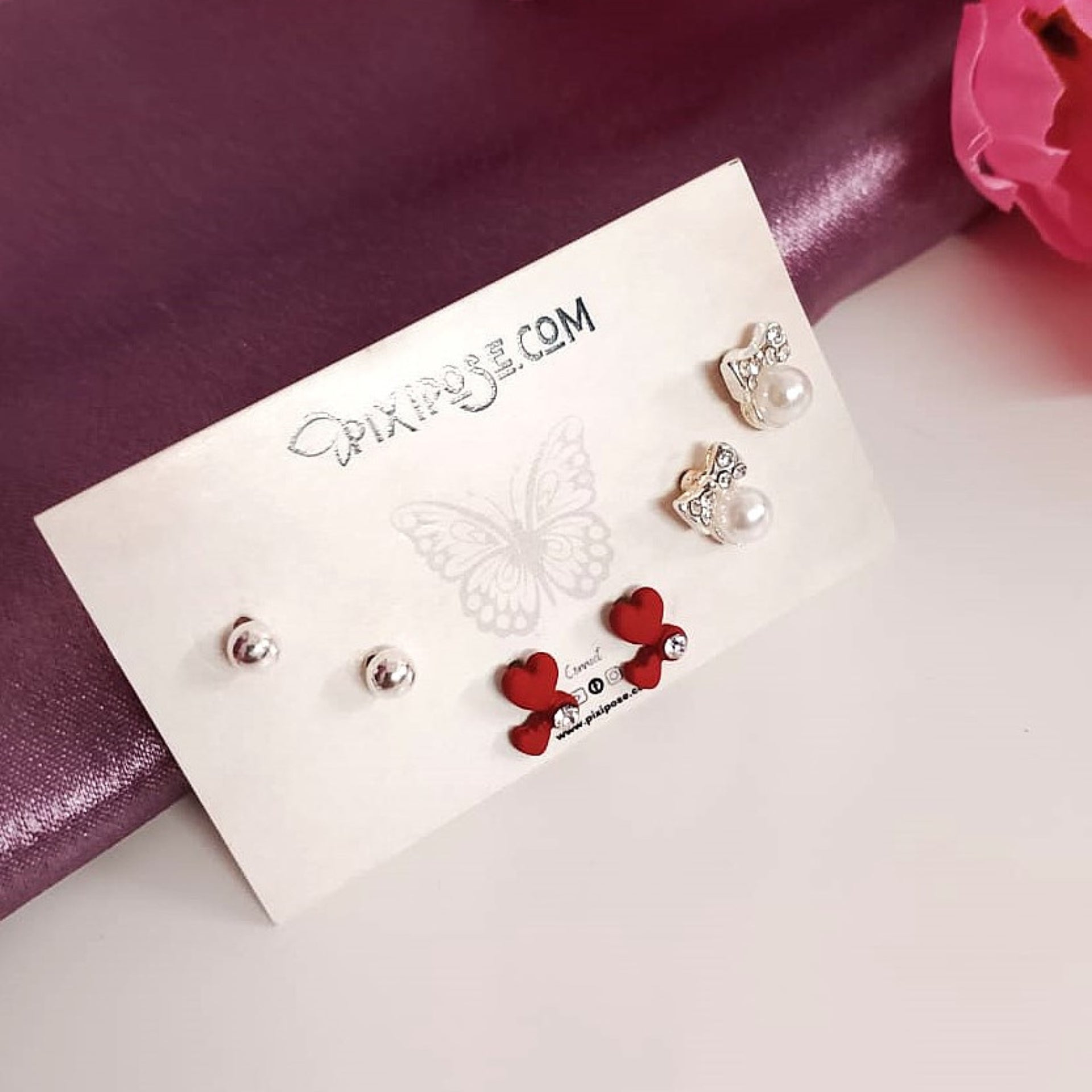 Scarlet Heart & Bow Stud Earrings Combo – Cute Pearl, Red Heart & Ball Studs for Women & Girls