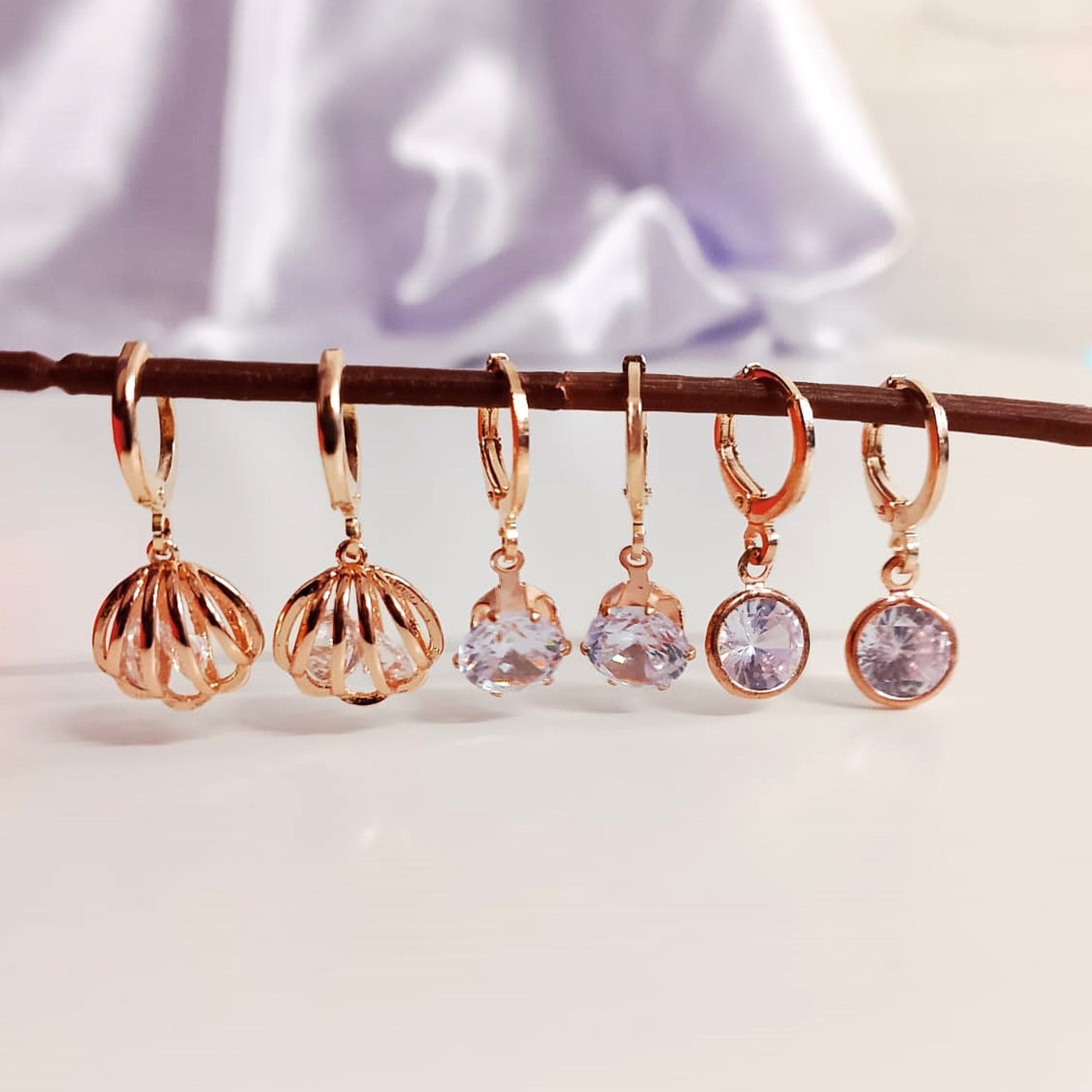 Rose Gold Zirconia Shell Earrings Combo – 3 Pair Dangler Hoops for Women
