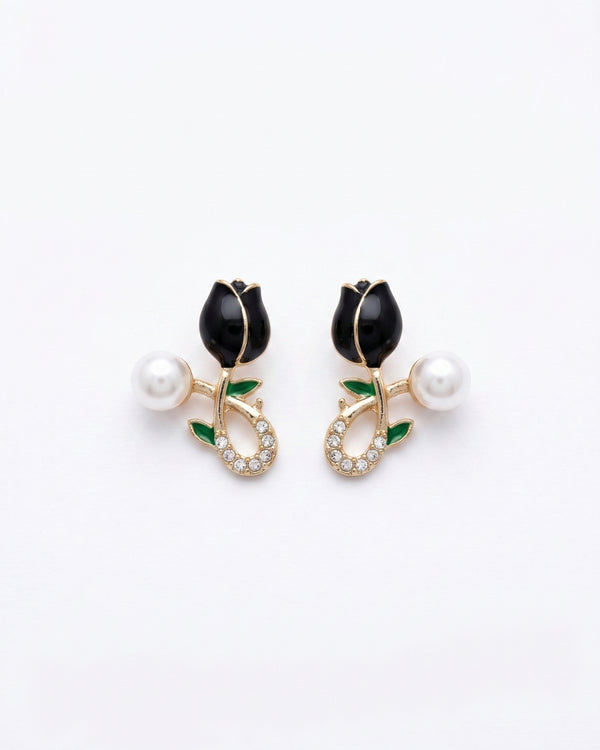 Black Tulip Floral Earrings with Pearl Drop