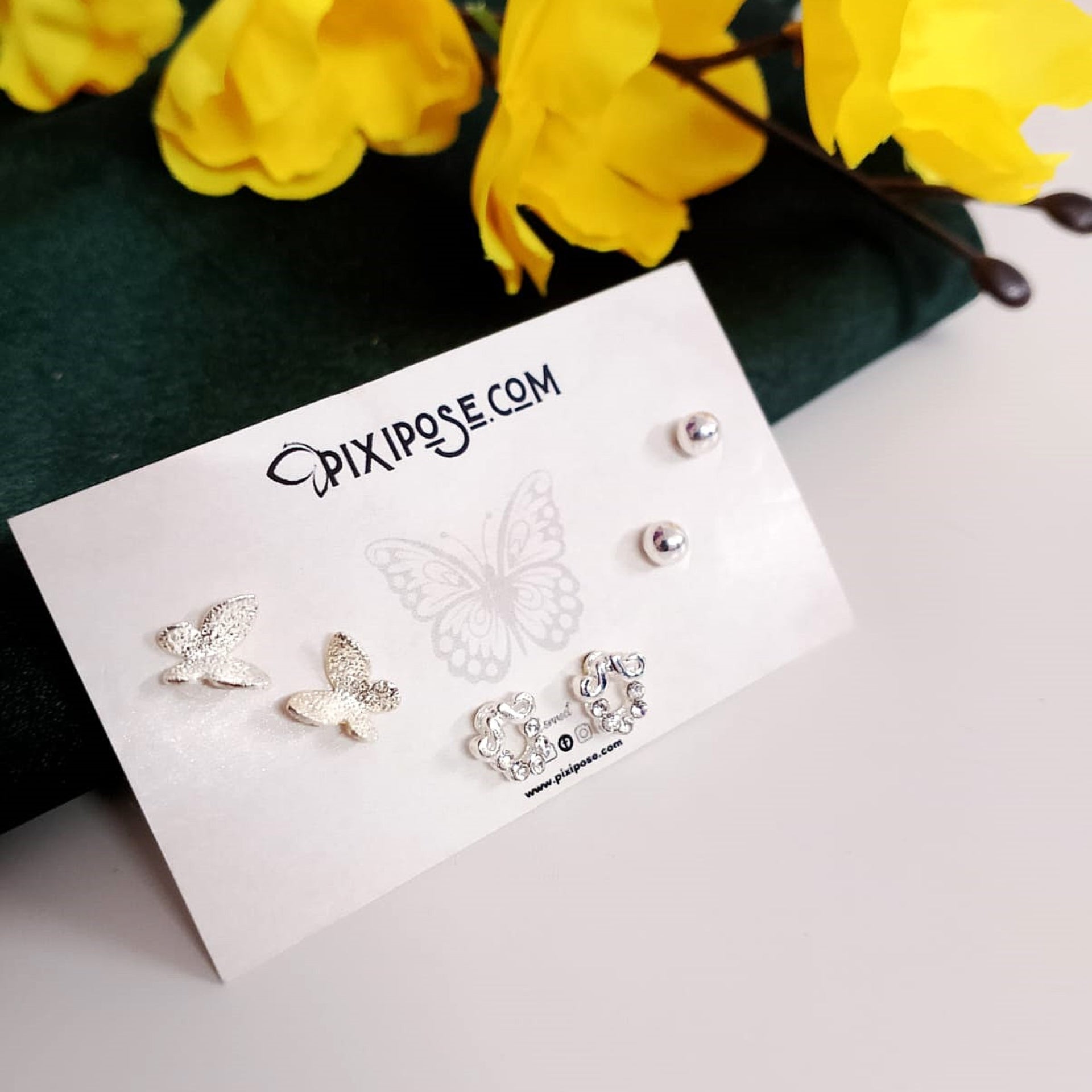 Shimmering White Butterfly Stud Earrings Combo Set – Dainty Crystal Studs for Women & Girls