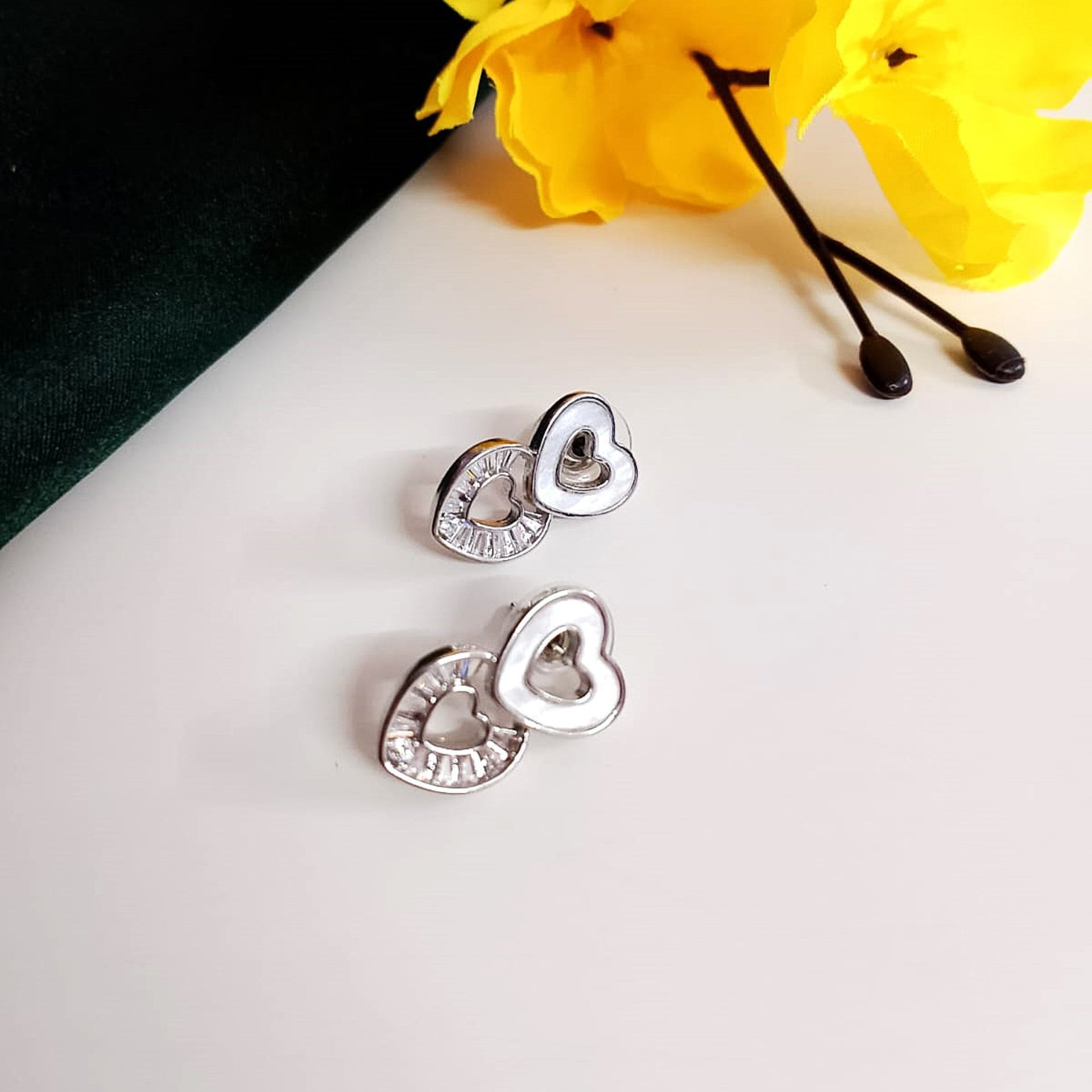 Silver Double Heart Stud Earrings – Sparkling Diamond Accents for Women