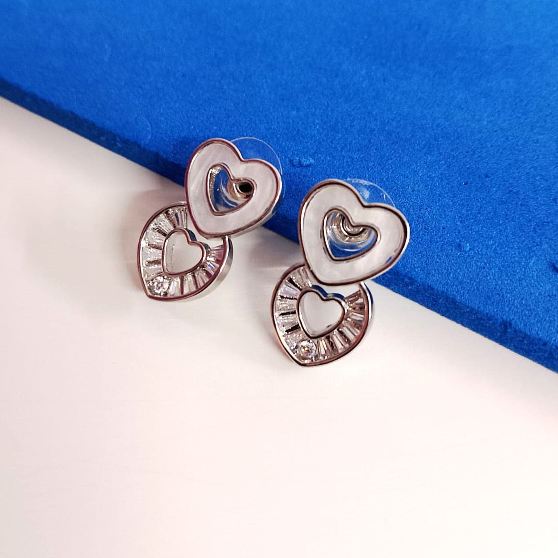 Silver Double Heart Stud Earrings – Sparkling Diamond Accents for Women