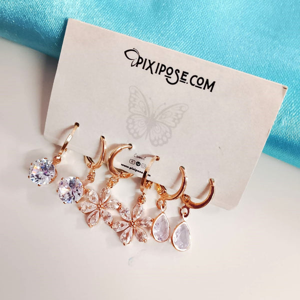 Zirconia Hoop Earrings Combo Set – Rose Gold Floral, Teardrop & Stud Hoops for Women