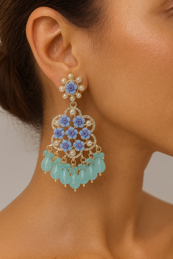 Floral Sea blue Long Dangler Designer Earrings