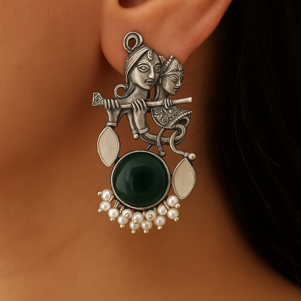 Radha Krishna Oxidised Earrings for women in Green with White Drops