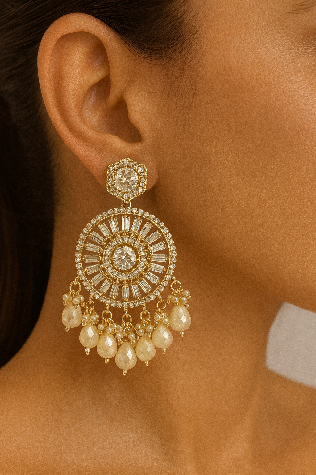 Dreamy Beige Sparkling Crystal Long Beads Earrings