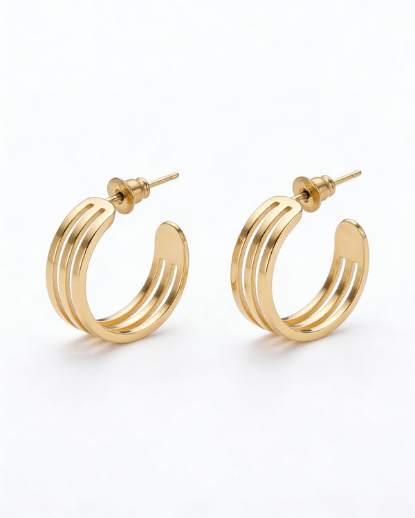 Triple Stripe Gold Hoop Studs – Minimal Daily Earrings for Women