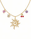 Golden Sun Pendant Charm Necklace with Cherry & Butterfly Accents