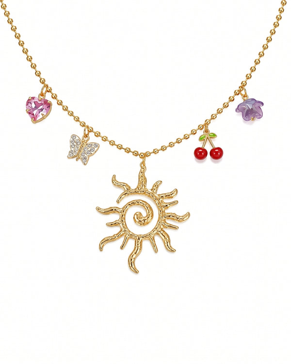 Golden Sun Pendant Charm Necklace with Cherry & Butterfly Accents