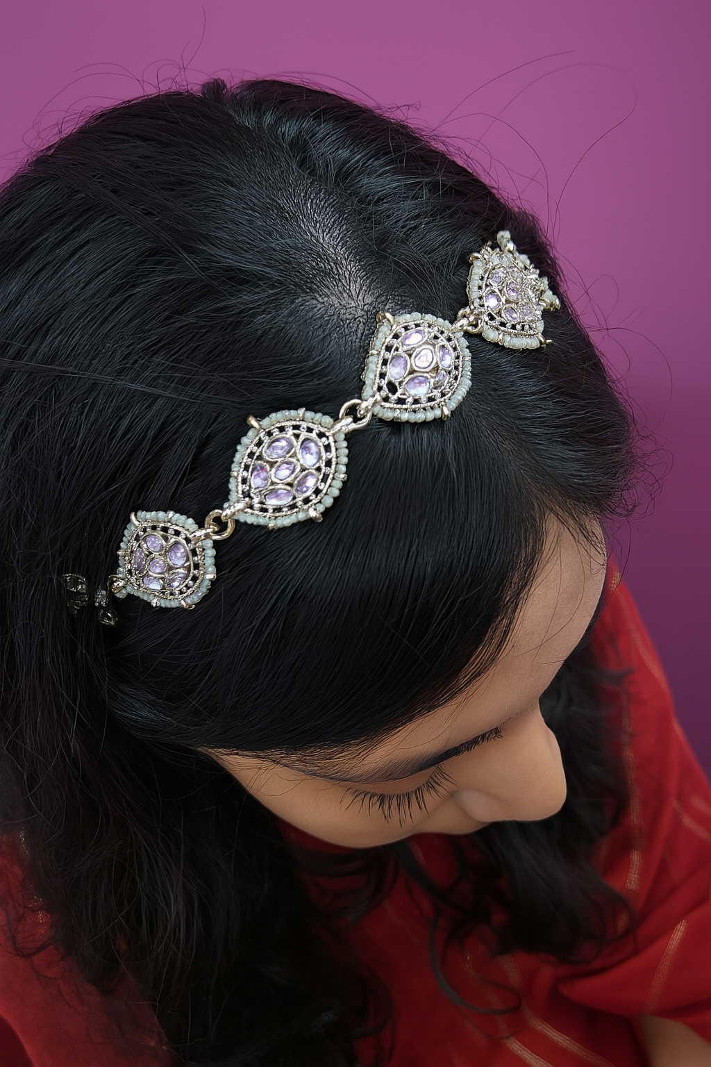 White Pearl & Stone Mattha Patti – Ethnic Bridal Hair Accessory for Women
