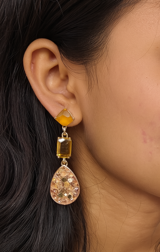 Yellow Rhinestone Teardrop Dangler Earrings – Long Statement Earrings for Women
