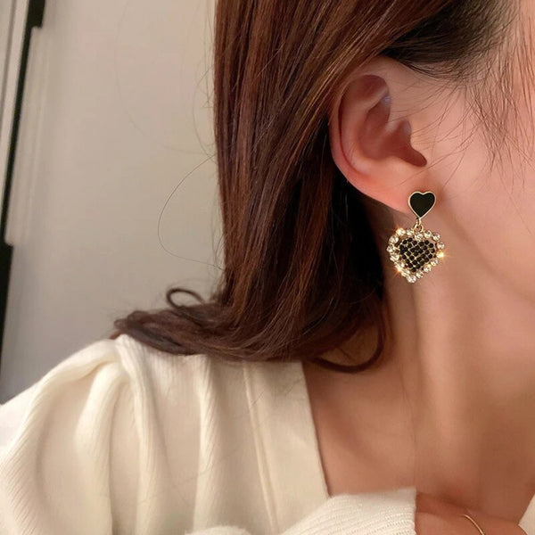 Midnight Black Crystal Heart Earrings