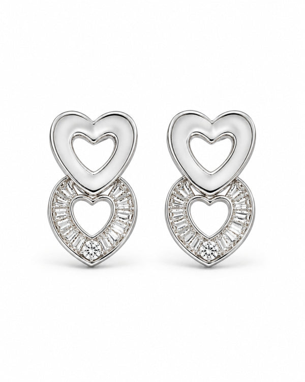 Silver Double Heart Stud Earrings – Sparkling Diamond Accents for Women