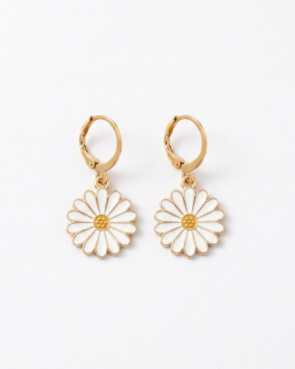 Radiant White Sunflower Hoop Earrings – Enamel Floral Danglers for Women & Girls