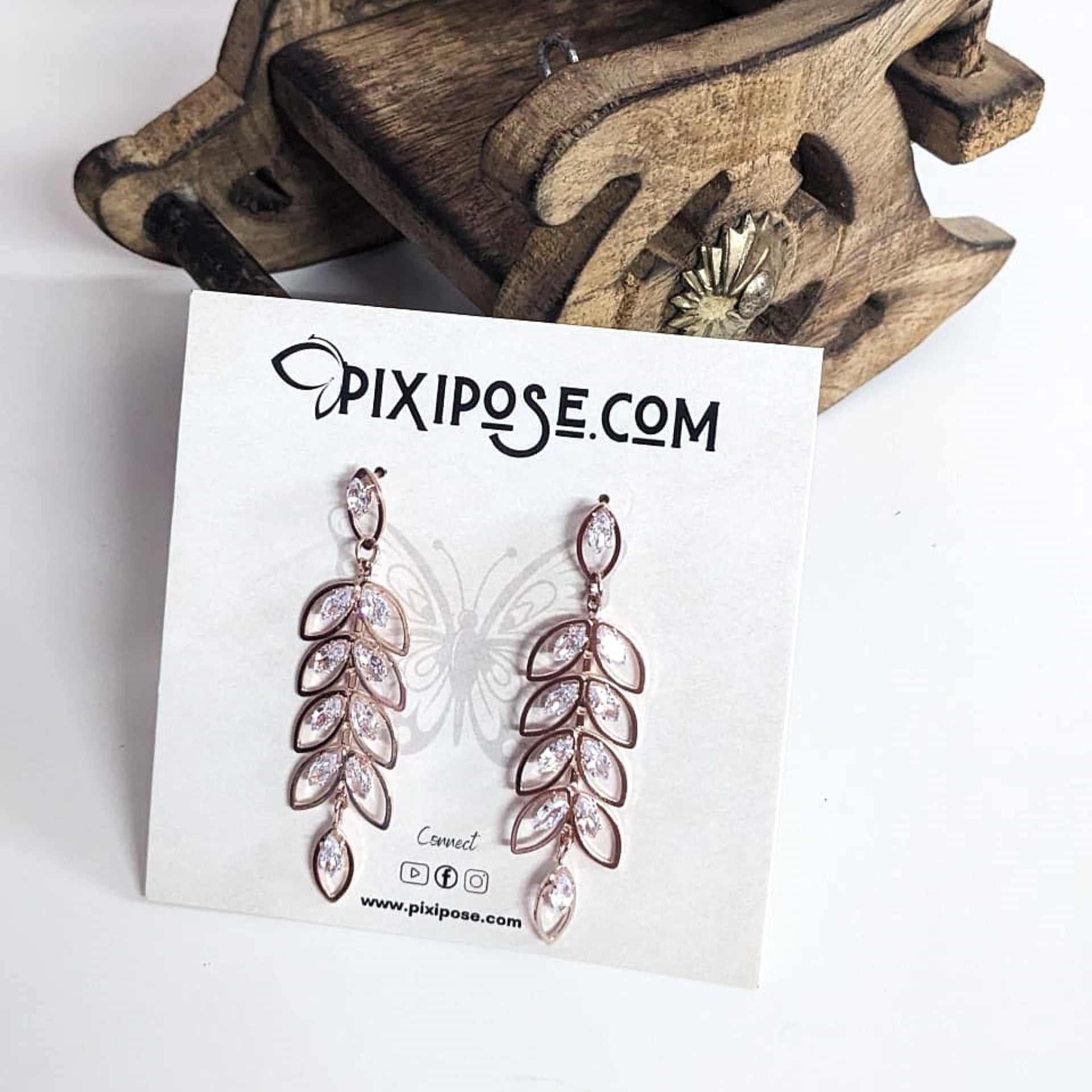 Rosegold Crystal Leaf Dangler Earrings