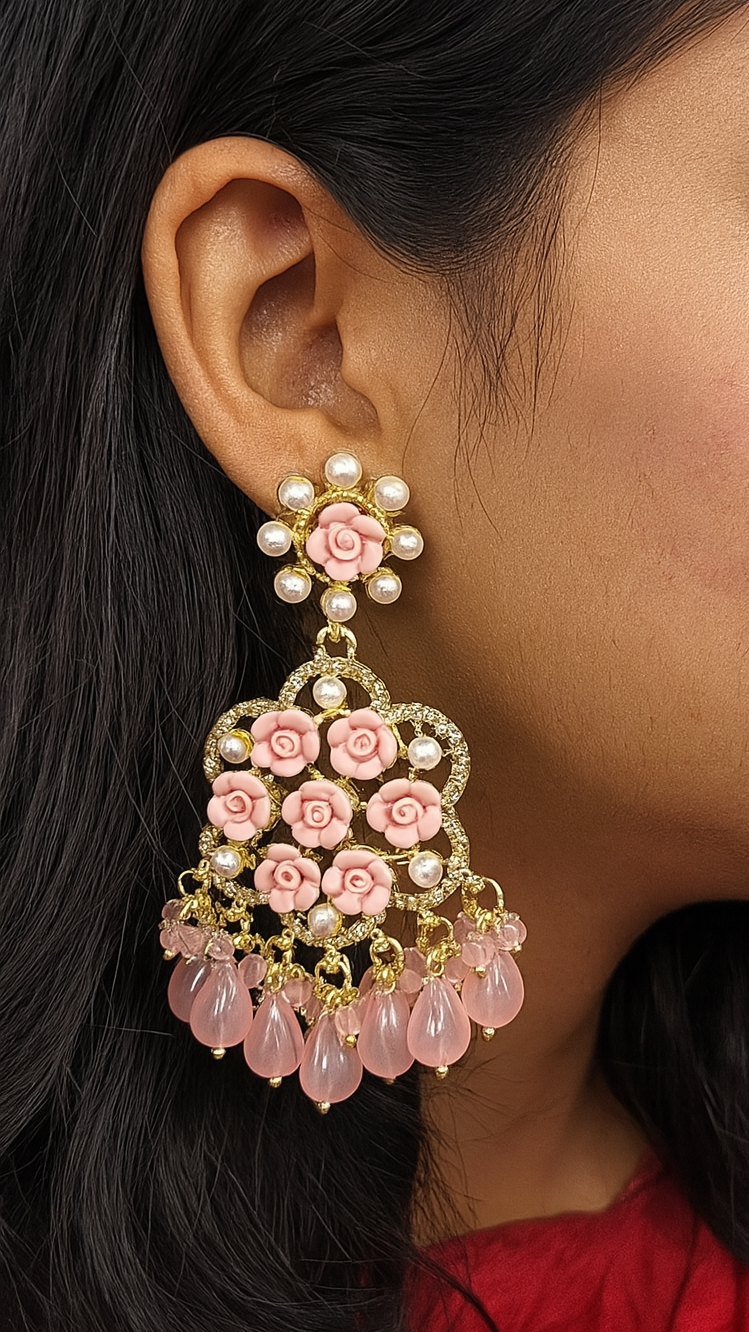 Blush Bloom Jhumka – PINK Floral Elegance with Pearly Grace