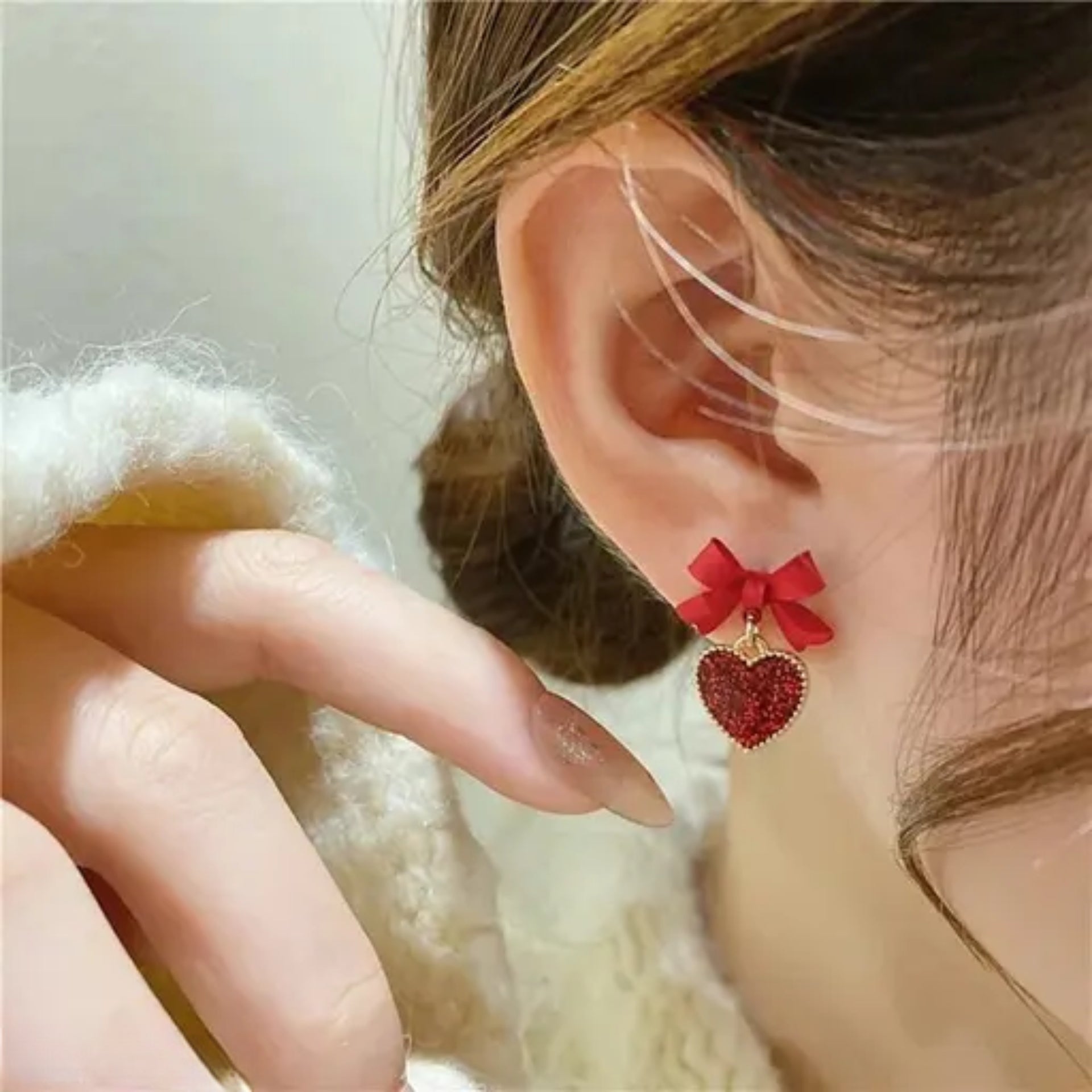 Tiny Red Heart Bow Studs Earrings