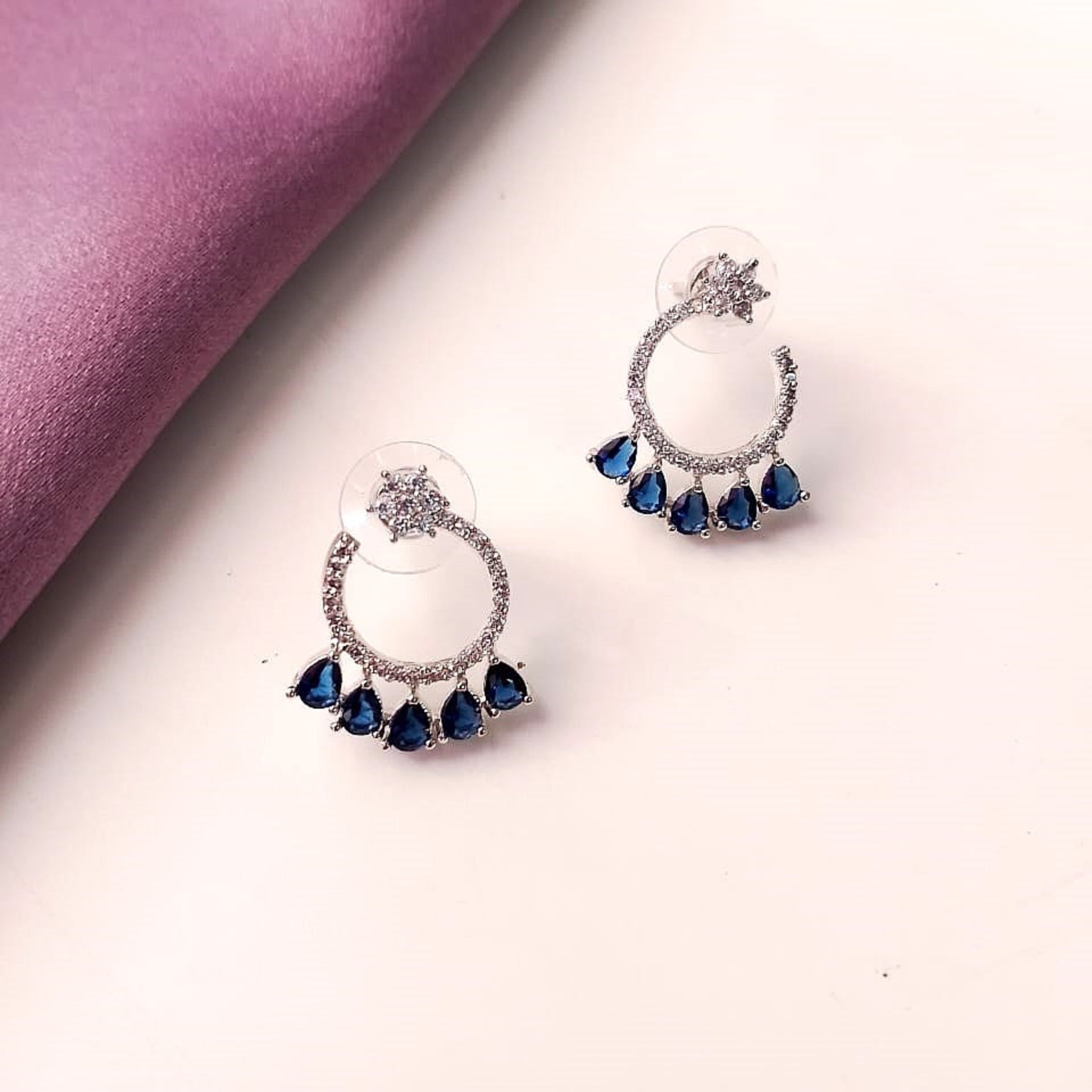 AD Flower Round Jhumka Blue