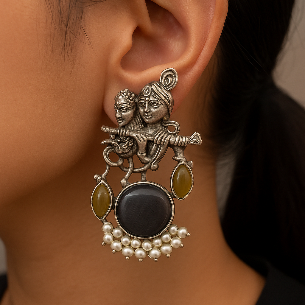 Radha Krishna Oxidised Silver Earrings for Women with Black Stone & Yellow Accents