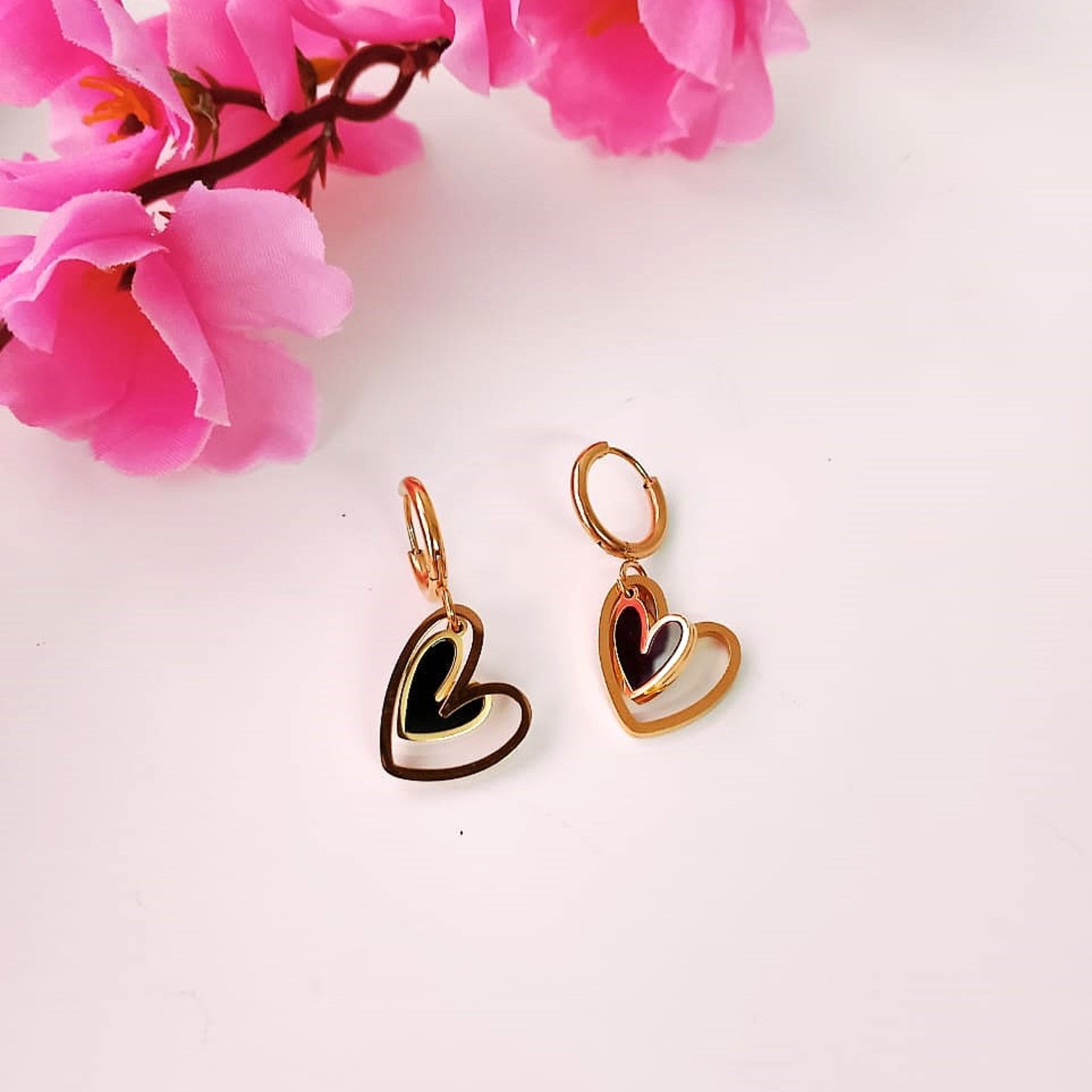 Golden & Black Heart Hoop Earrings