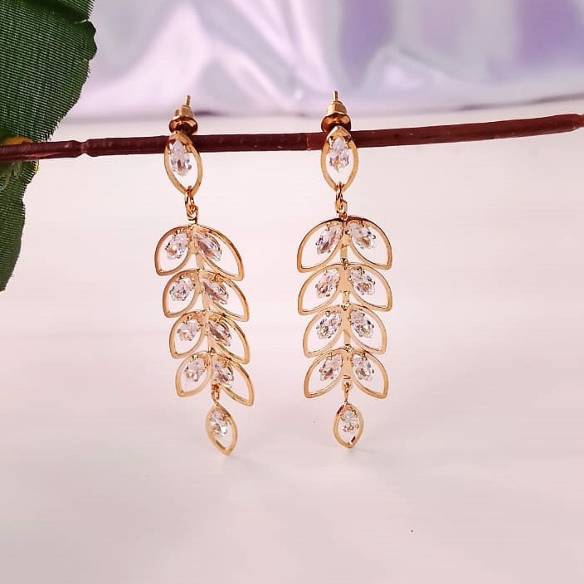 Golden Crystal Leaf Dangler Earrings