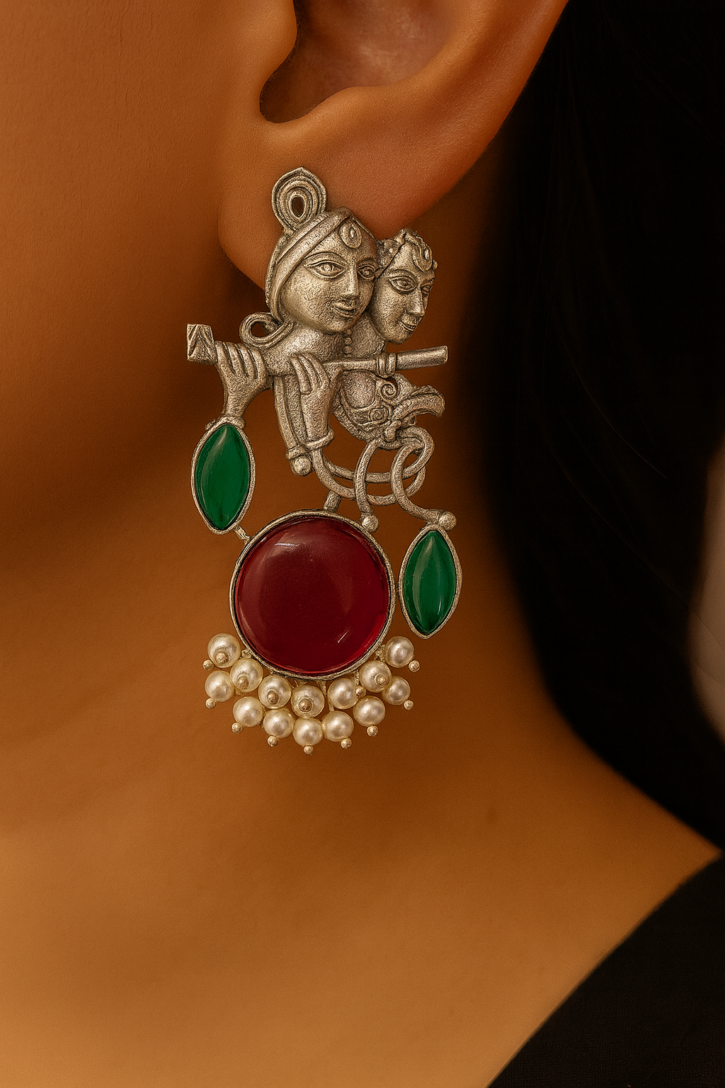 Radha Krishna Beautiful Silver Plated Oxidised Earring in Marooon