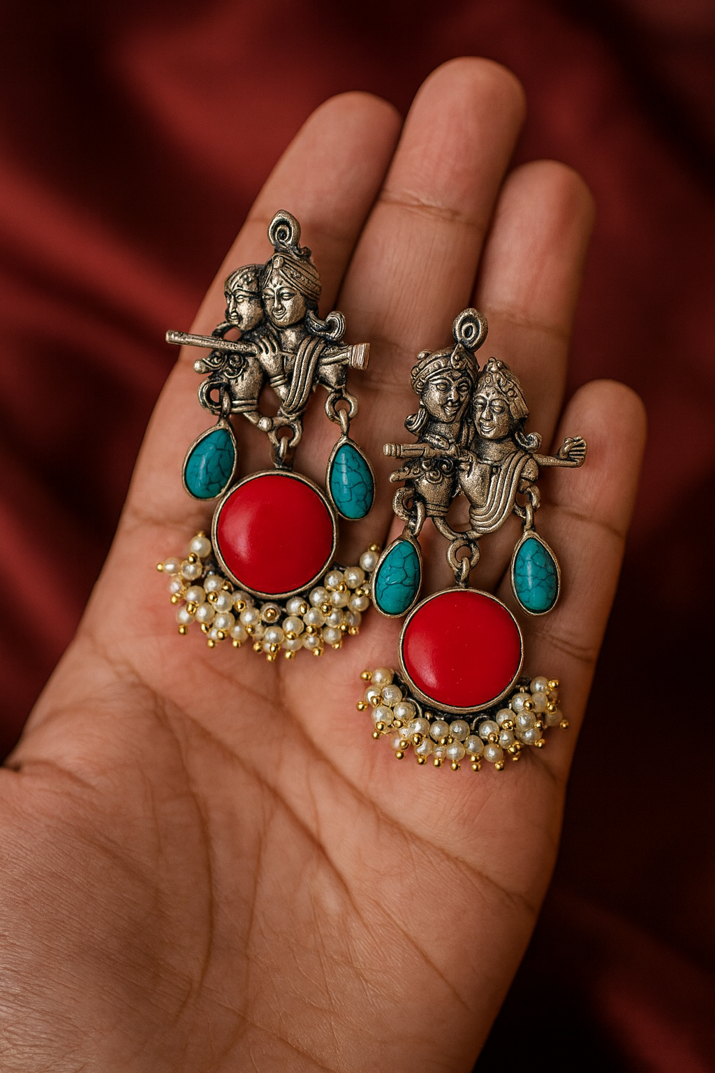 Radha Krishna Beautiful Silver Plated Oxidised Earring in Red