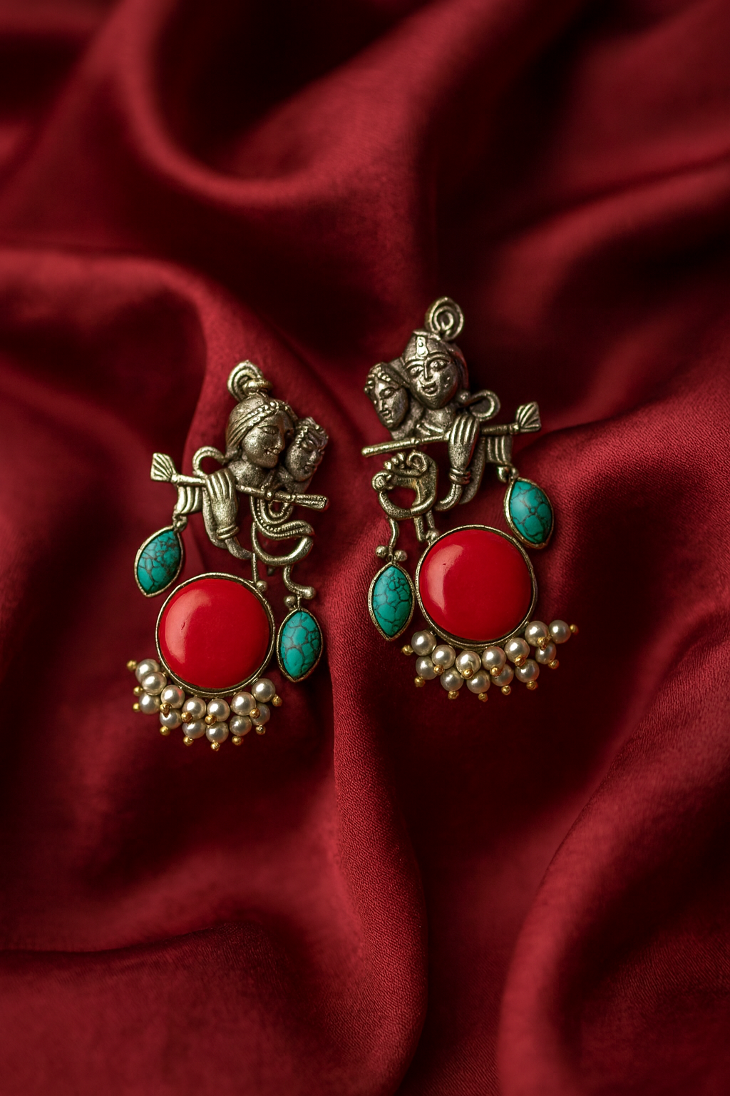 Radha Krishna Beautiful Silver Plated Oxidised Earring in Red