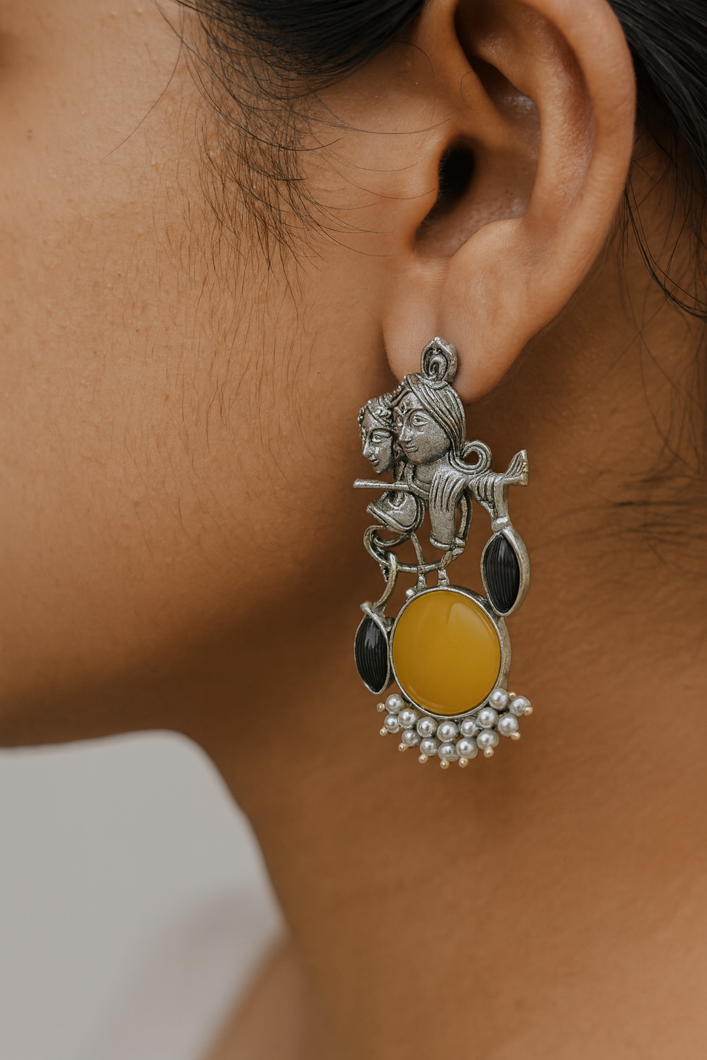 Radha Krishna Beautiful Silver Plated Oxidised Earring in yellow
