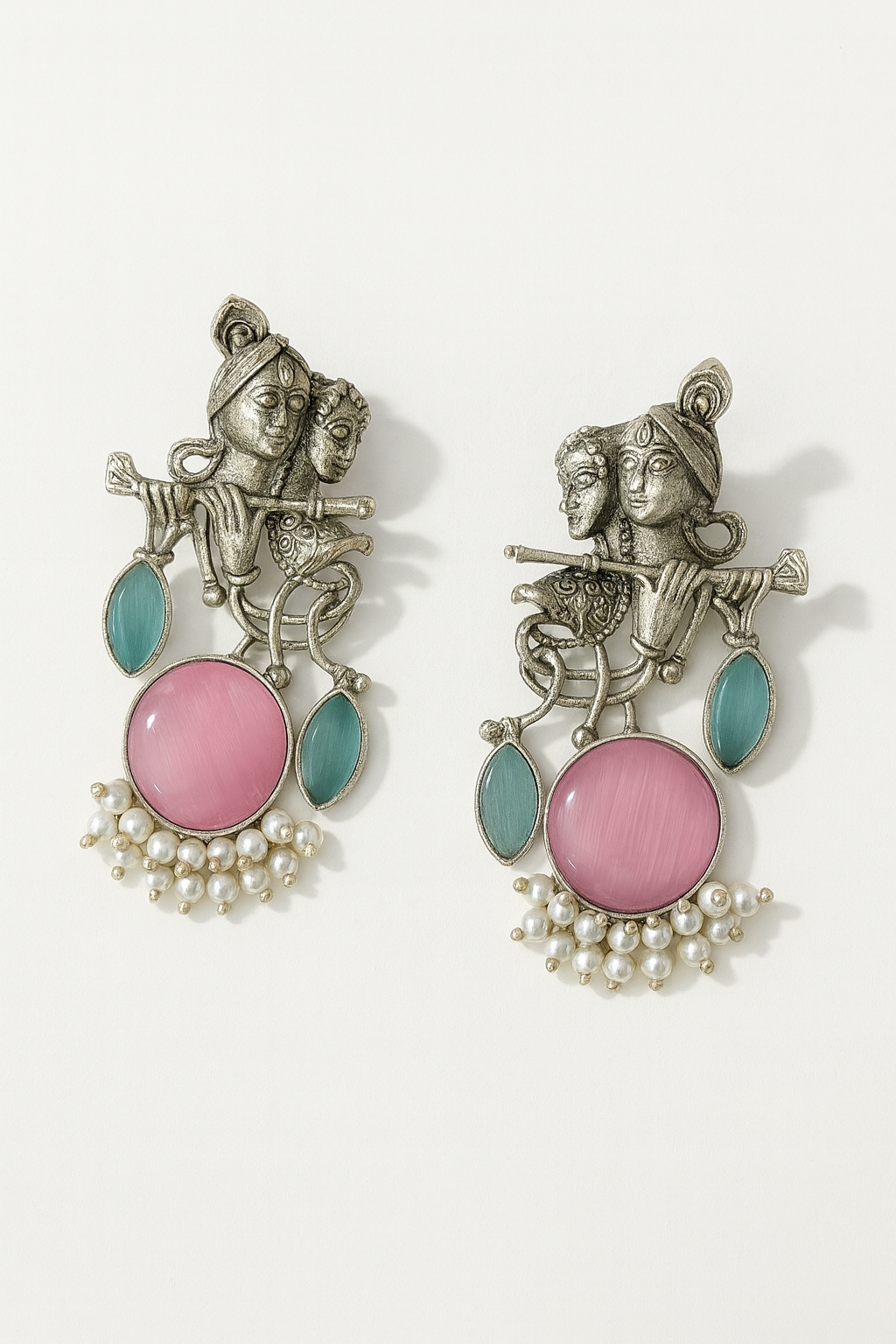 Radha Krishna Pink Stone Silver platted Oxidised Earrings for Women