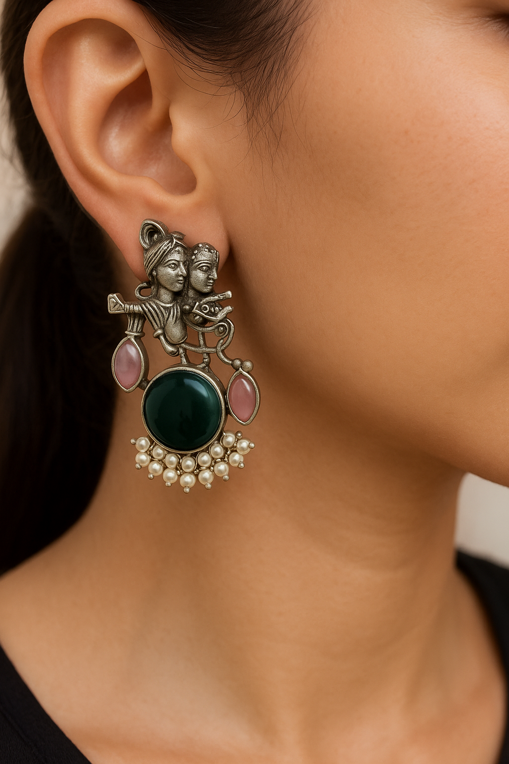 Radha Krishna Oxidised Earrings for women in Green with Pearl Drops