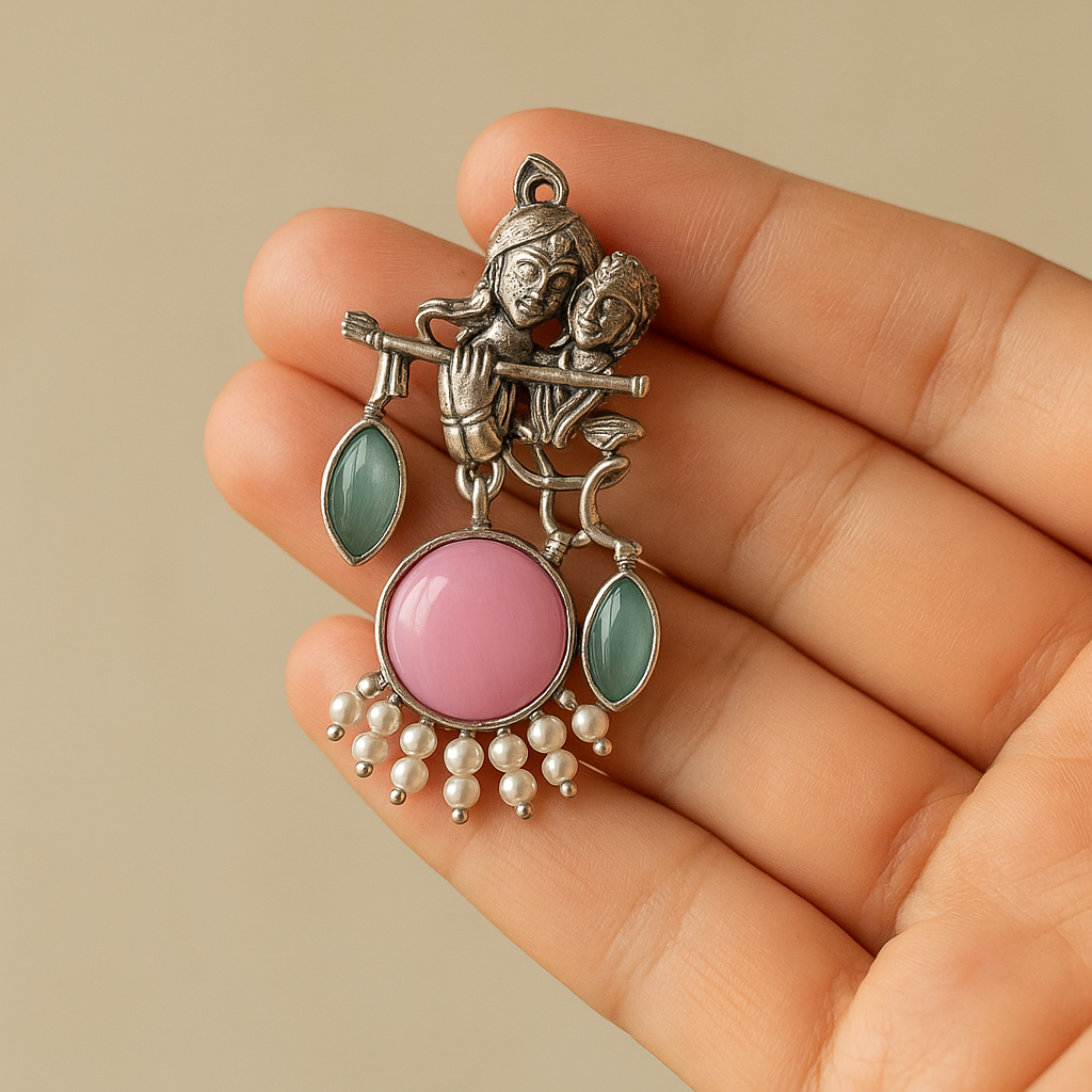 Radha Krishna Pink Stone Silver platted Oxidised Earrings for Women