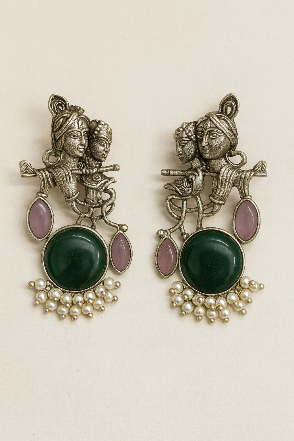 Radha Krishna Oxidised Earrings for women in Green with Pearl Drops