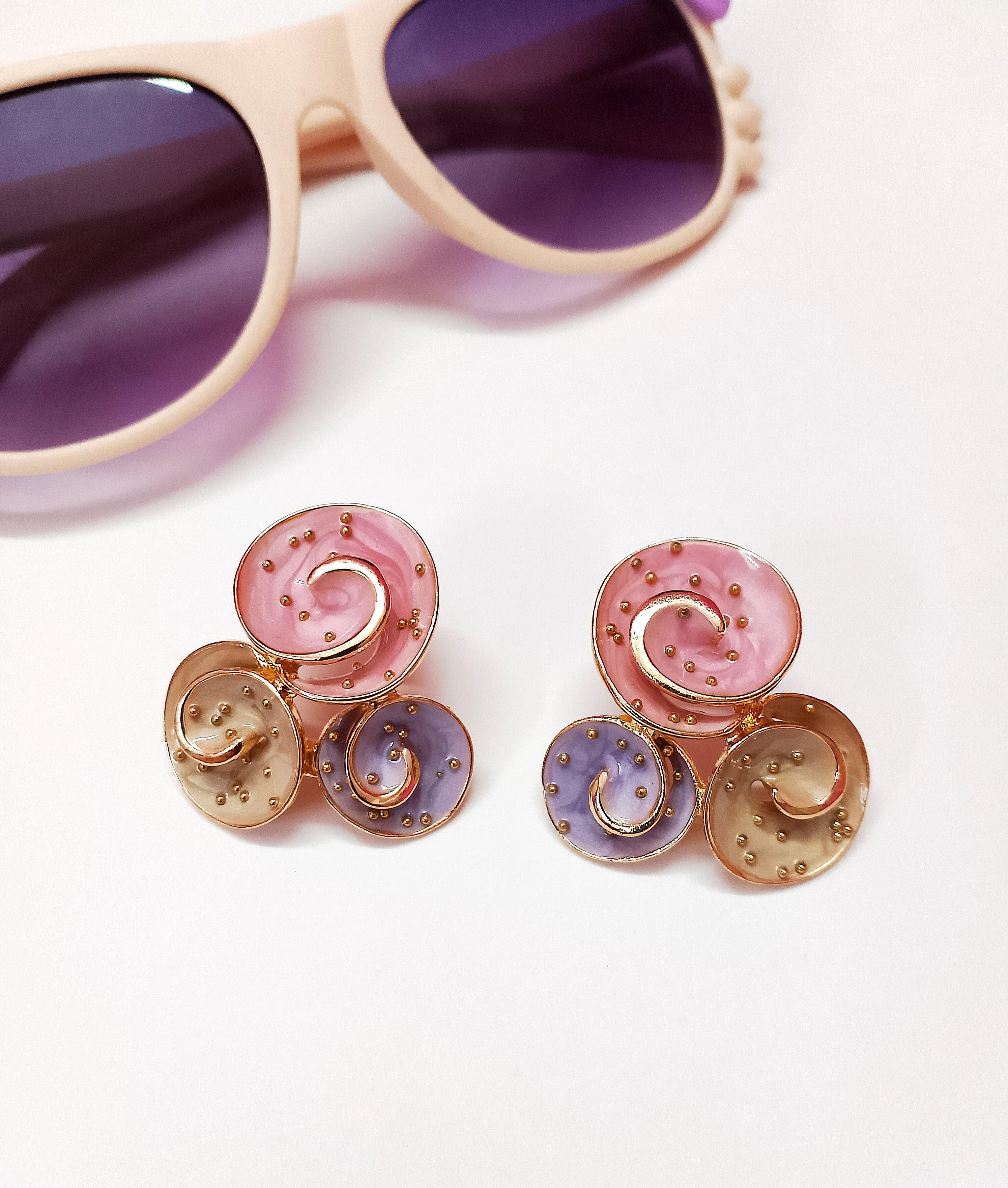 Pastel Swirl Stud Earrings for Women – Pink, Purple & Gold Enamel Earrings