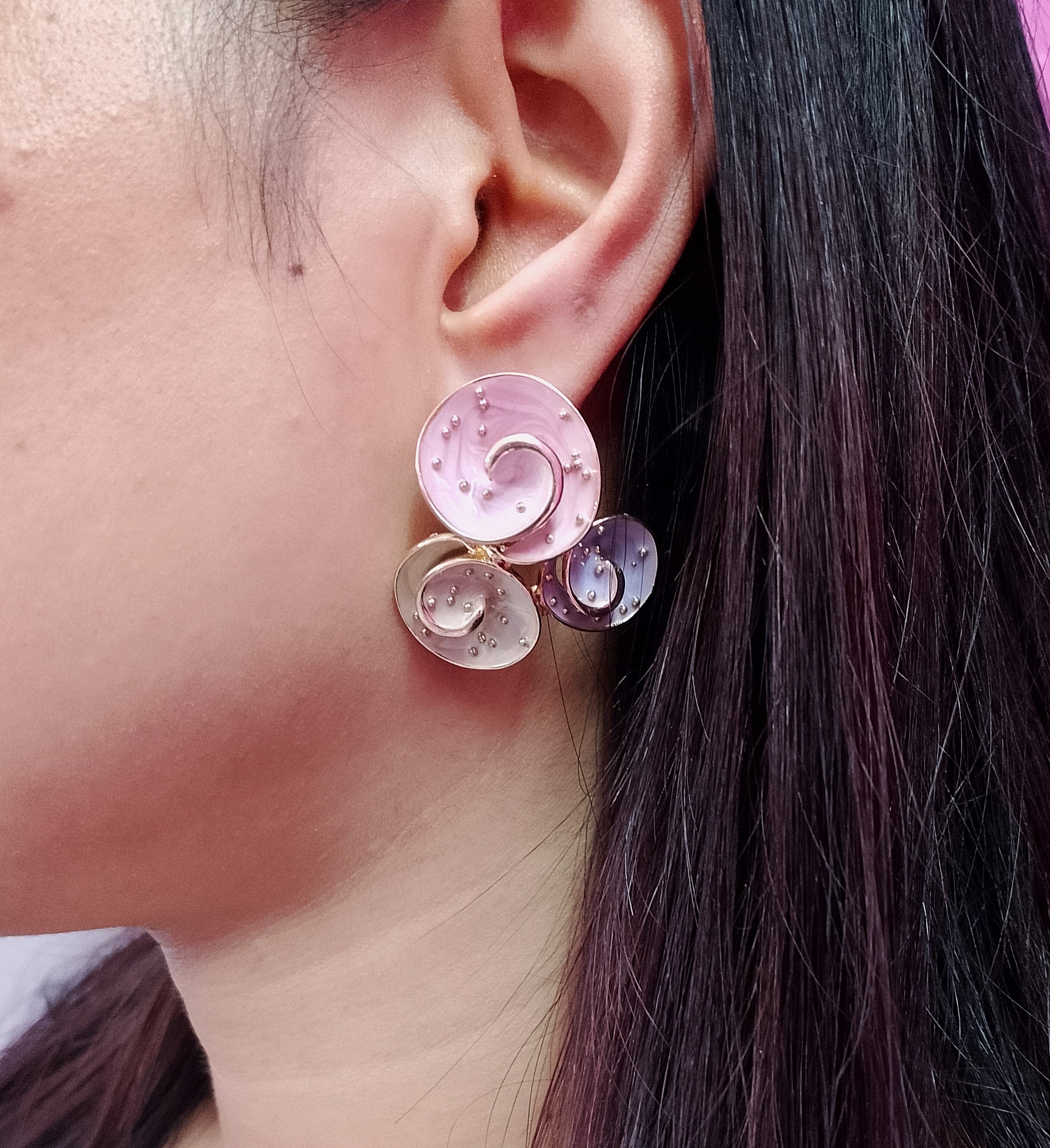 Pastel Swirl Stud Earrings for Women – Pink, Purple & Gold Enamel Earrings