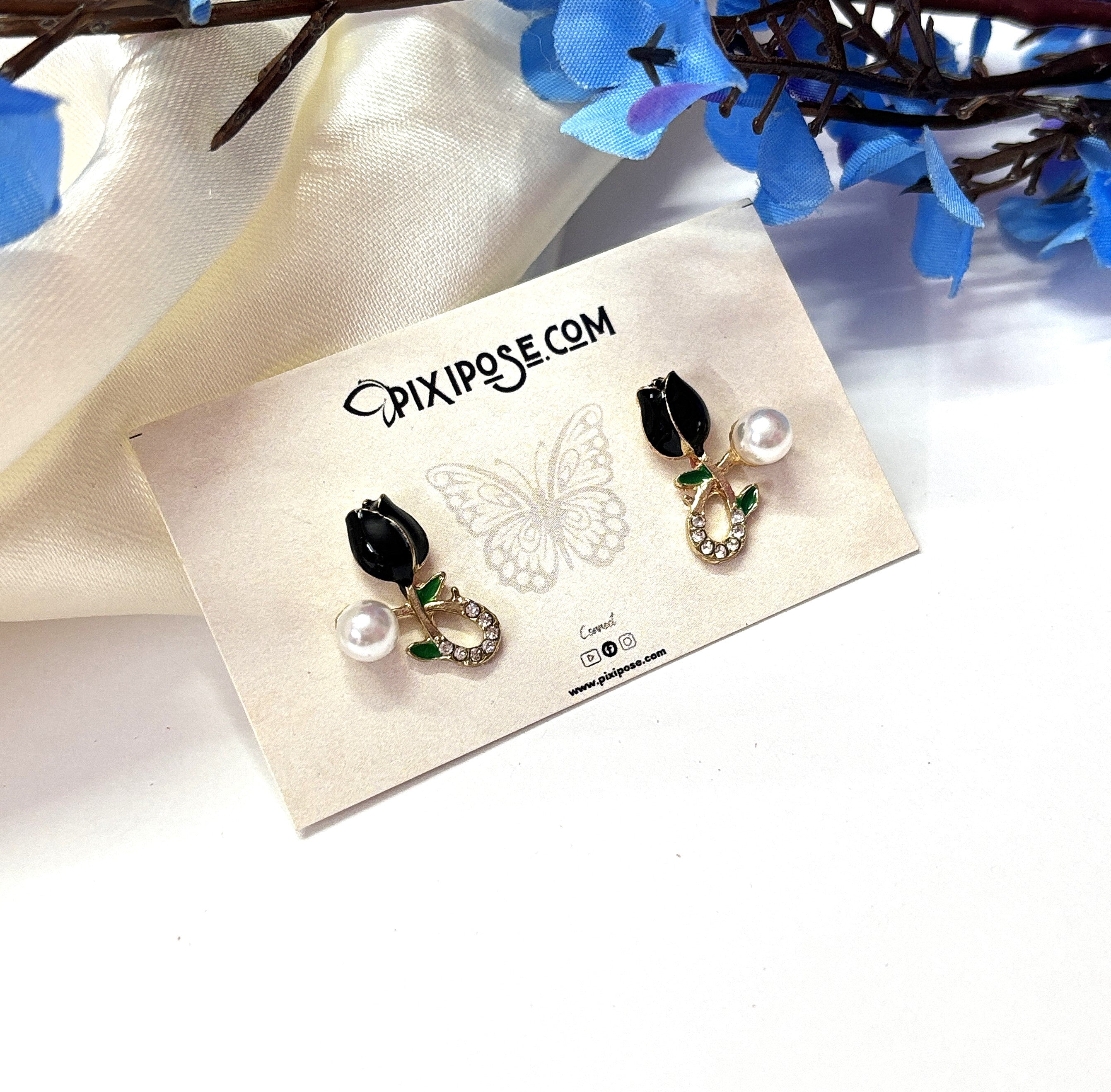 Black Tulip Floral Earrings with Pearl Drop – Elegant Studs
