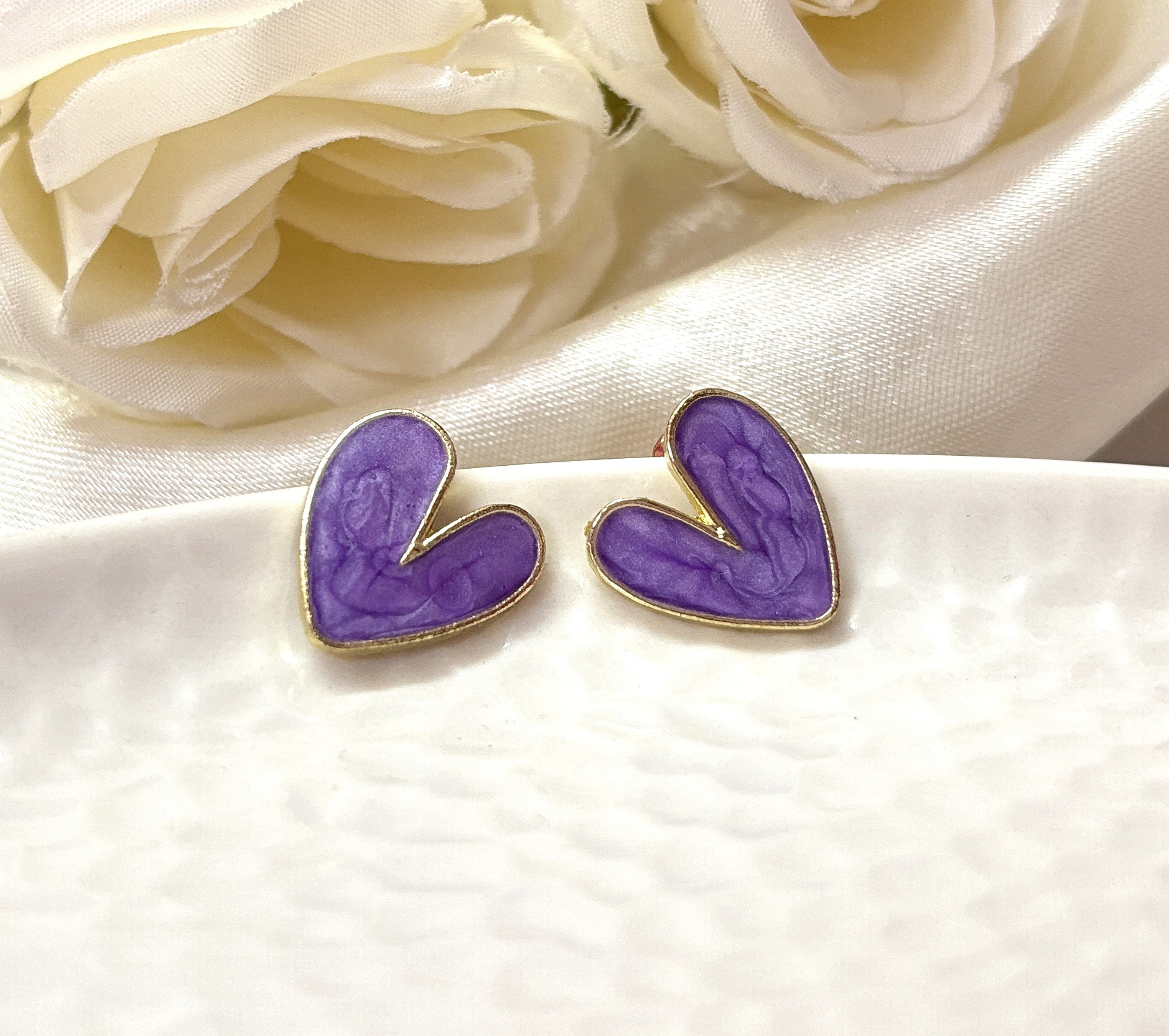 Purple Heart Stud Earrings – Cute Enamel Earrings for Women